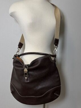 Dooney & Bourke Dark Brown Crossbody Hobo Bag with Cream Strap, logo lock